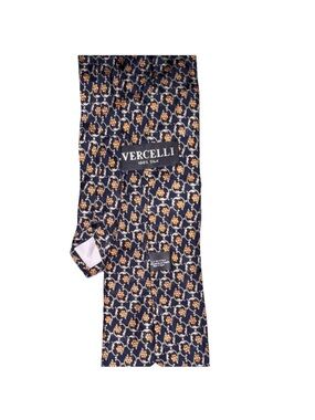 Vercelli Navy 100% Silk Tie with Gold & White Medallion Pattern